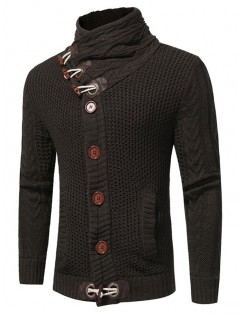 Cowl Neck Horn Button Single Breasted Cardigan - Deep Gray L