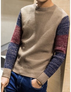 Color Block Pullover Crew Neck Sweater - Khaki L