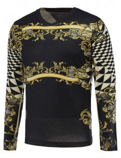 3D Floral and Geometric Print V-Neck Long Sleeve Sweater -  3xl