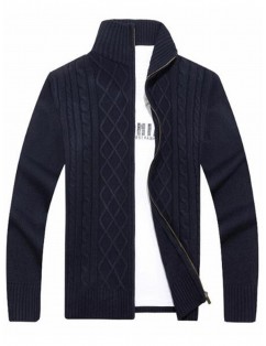 Cable Knit Zipper Sweater Cardigan - Blue 3xl