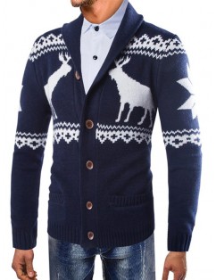 Christmas Deer Shawl Collar Button Up Cardigan - Cadetblue Xl