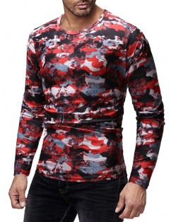 Camouflage Print Slim Fit Long Sleeves T-shirt - Red Wine L