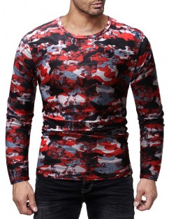 Camouflage Print Slim Fit Long Sleeves T-shirt - Red Wine L