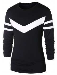 Contrast Color Long Sleeve Striped T-shirt - Black 2xl