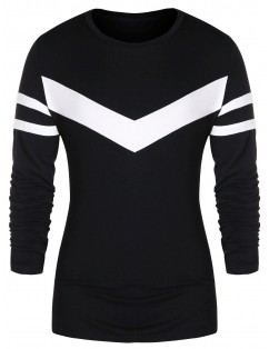 Contrast Color Long Sleeve Striped T-shirt - Black 2xl