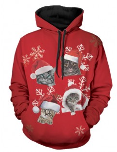 Christmas Cats Print Pullover Hoodie - Lava Red Xl