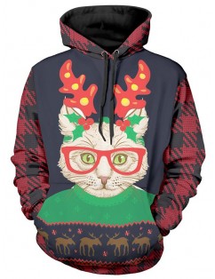 Christmas Cat Print Long Sleeve Hoodie -  Xl