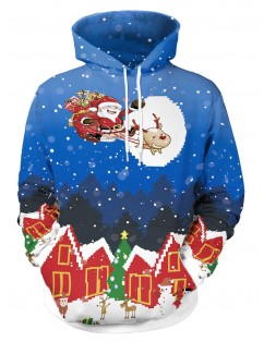Christmas Santa and Gift Print Drawstring Hoodie - Blue L