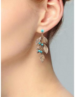 Carved Leaves Tassel Beads Turquoise Earrings - Gold
