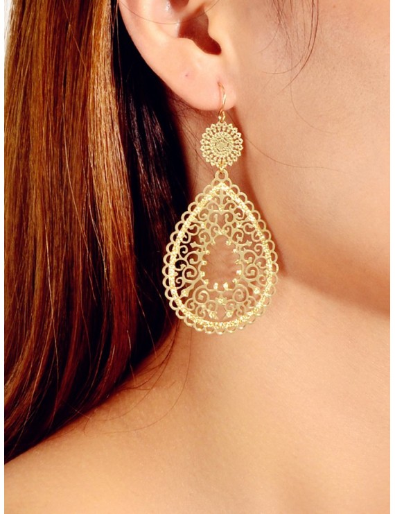 Hollowed Out Water Drop Shape Metallic Dangle Earrings - Gold