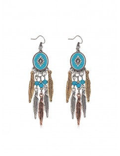 Bohemian Turquoise Feather Shape Tassel Earrings - Silver