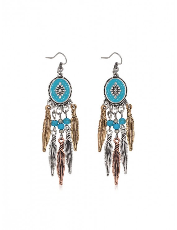 Bohemian Turquoise Feather Shape Tassel Earrings - Silver
