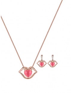 Artificial Opal Heart Lip Necklace with Earrings - Deep Pink
