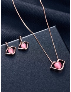 Artificial Opal Heart Lip Necklace with Earrings - Deep Pink