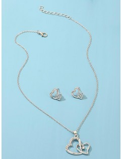 Double Heart Rhinestone Hollow Jewelry Set - Silver