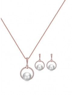 Artificial Pearl Rhinestone Circle Necklace and Earrings - Rose Gold