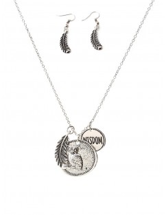 Carved Feather Owl Pendant Necklace Earrings Set - Silver