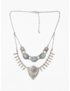 Bohemian Carved Turquoise Fringe Necklace - Silver