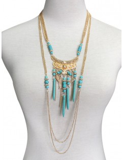 Boho Artificial Turquoise Feather Layered Necklace - Gold
