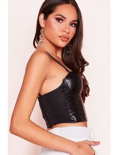 Black Faux Leather Spaghetti Straps Hook Back Sexy Camisole