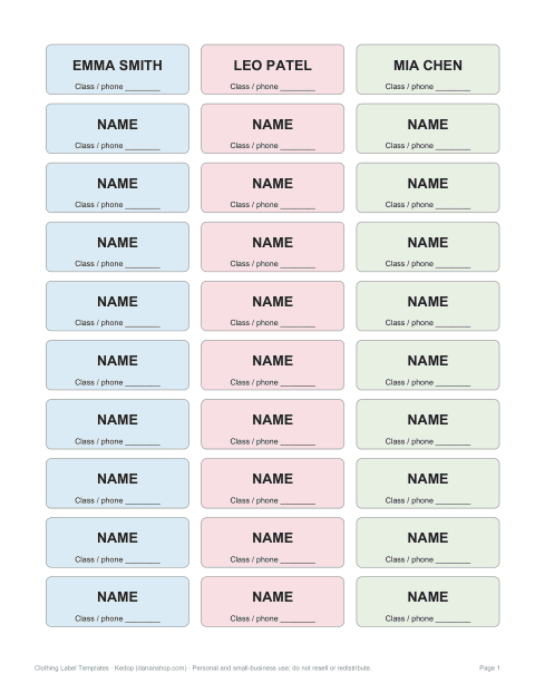 Preview of the first page of Name labels